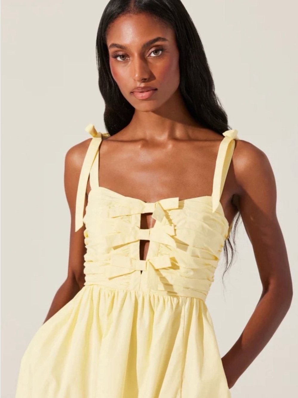 ASTR Pale Yellow Tie-Detail Midi Dress